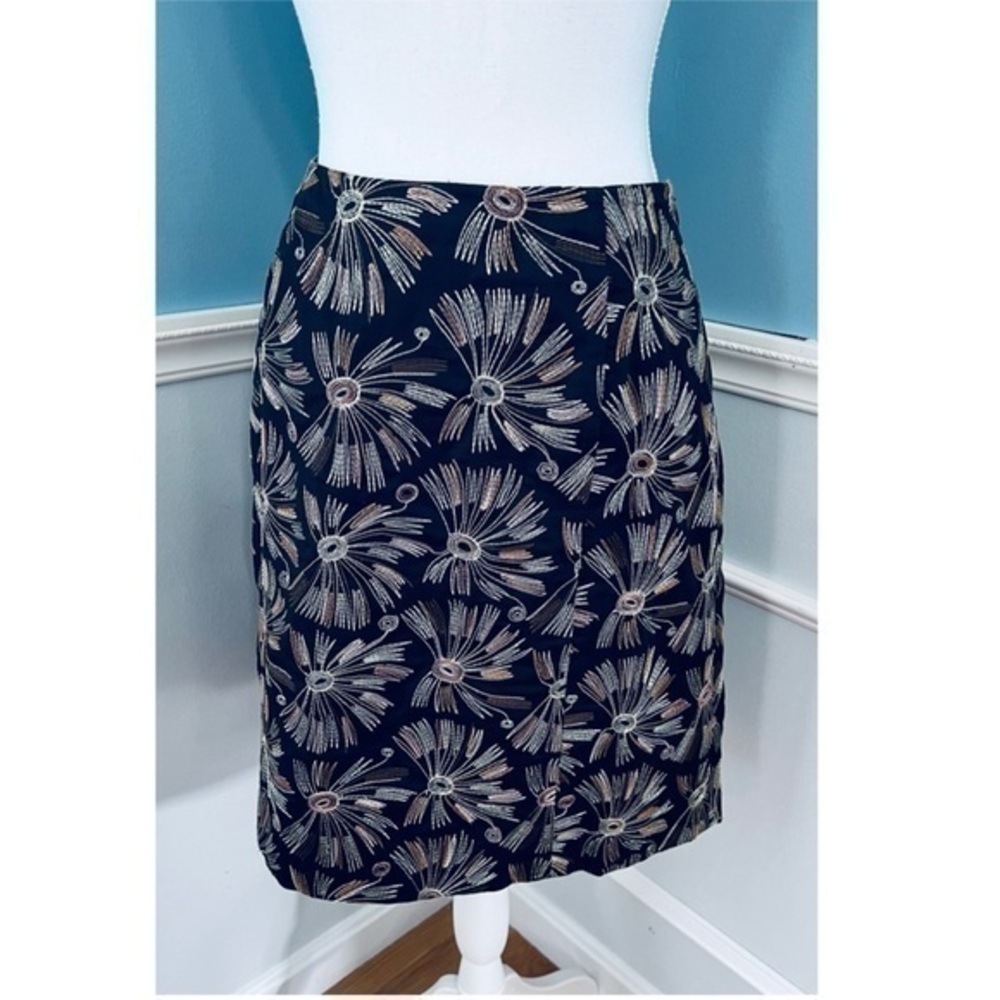 Talbots Skirt Embroidered Brown Gold Black Starburst Floral Lined 8 Petite